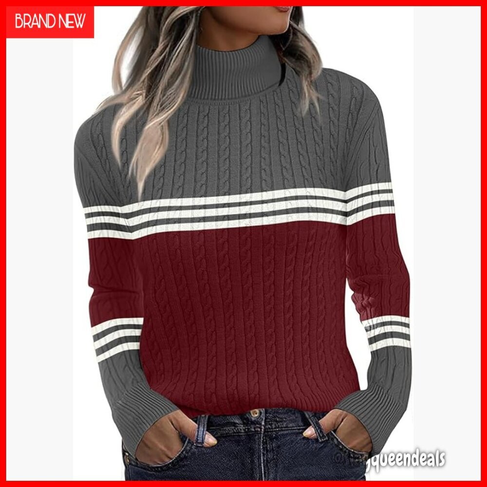 Fitted Turtleneck Cable Knit Pullover Sweater Long Sleeve Fall Winter Top